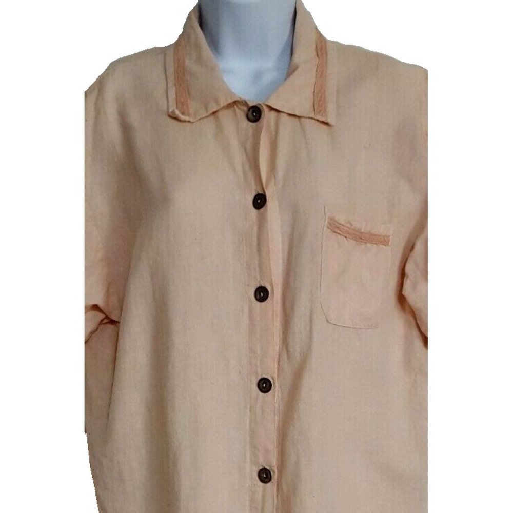 Vintage Women's Linen Blouse L Button Front Pocket Peach Short Sleeve Lagenlook